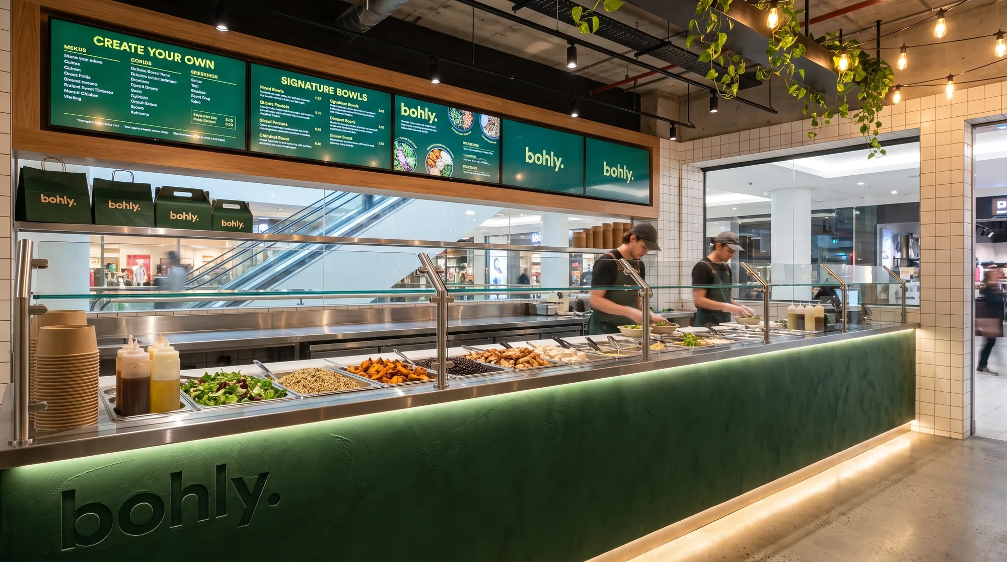The bohly. storefront — deep-green make-line counter with menu screens and staff building bowls